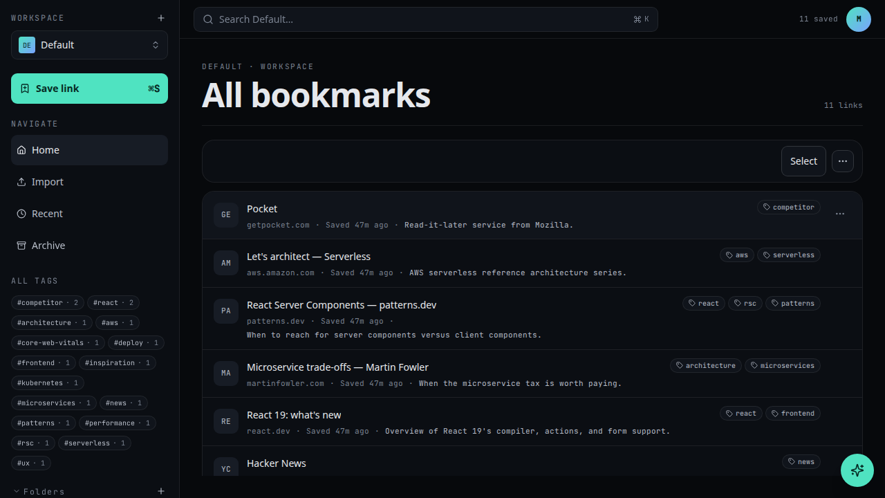 The workspace bookmark hub with folders and saved links in the main list.